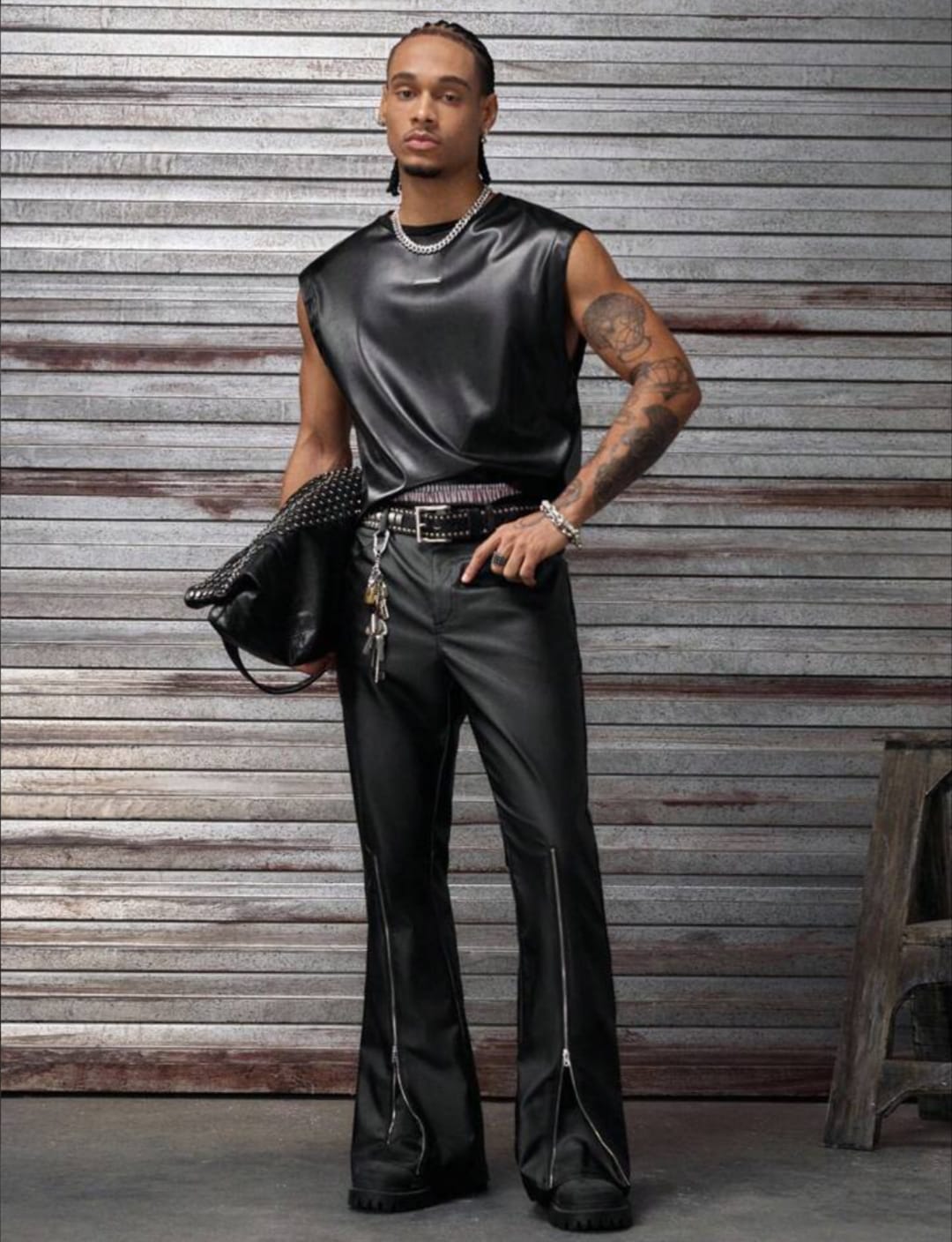 Men's Black Faux Leather Flared Pants with Front Zippers – Retro Streetwear Trousers